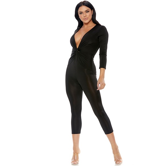 Knotted Capri Jumpsuit with Plunging V Neckline - Black - Picture 1 of 6